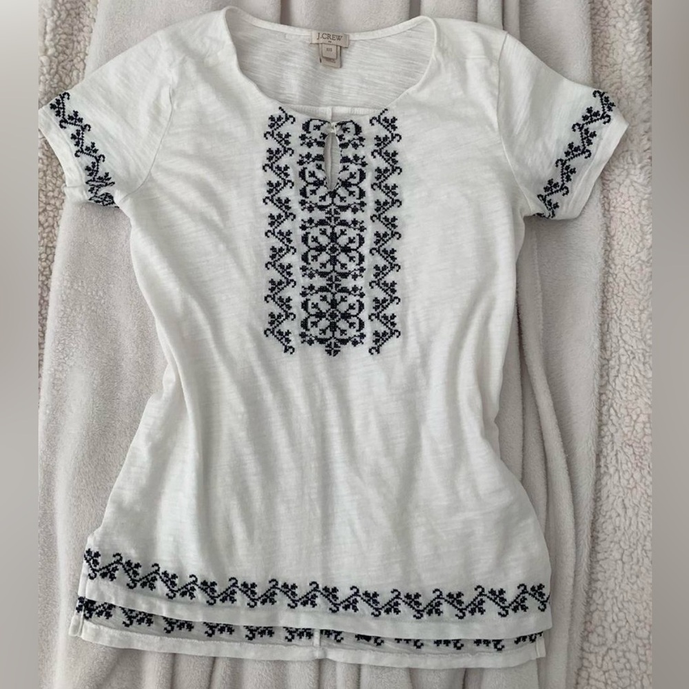 J. Crew White Short-Sleeve Tee with Navy Embroidery
